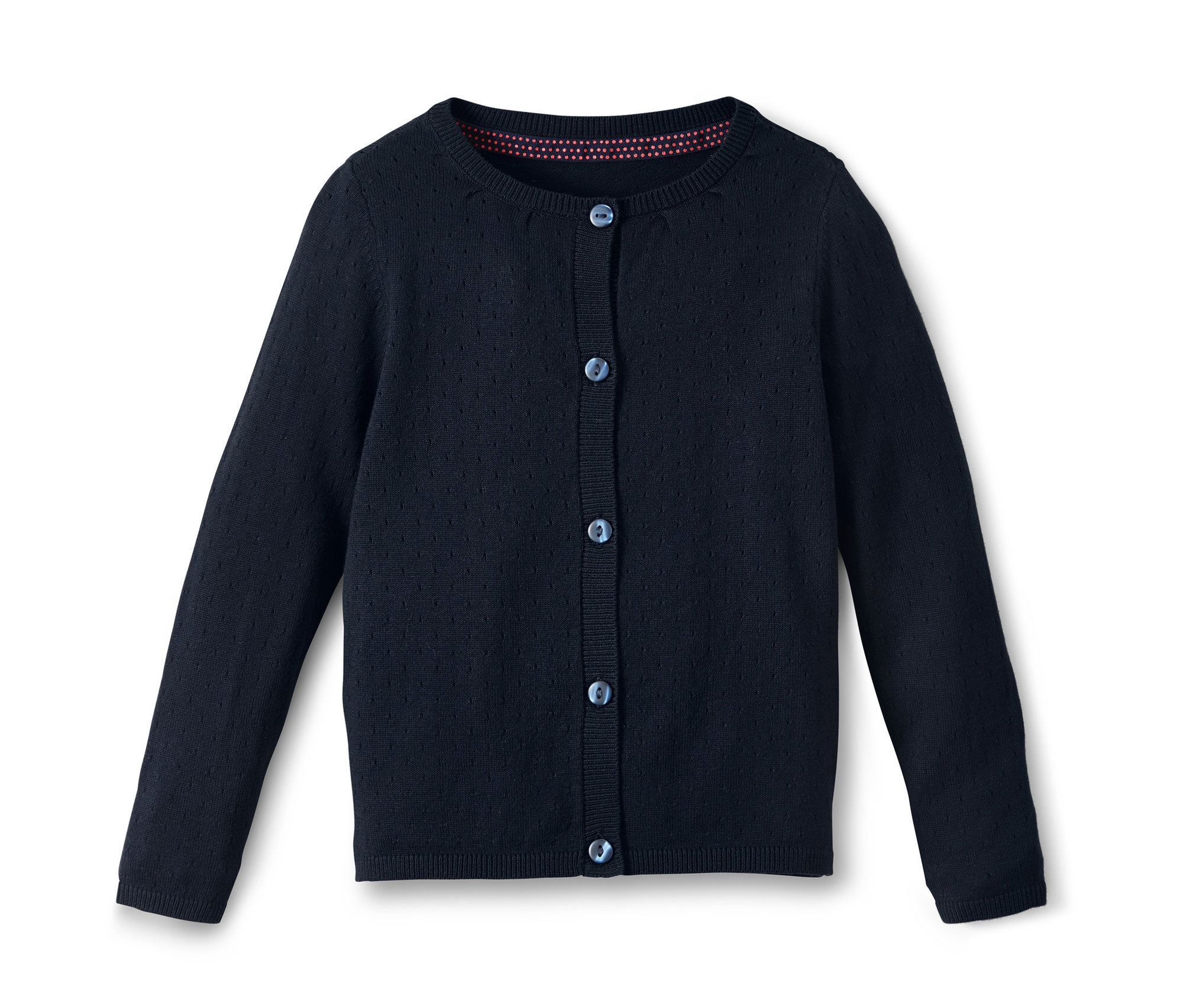 Tmavě modrý pletený svetr s ažurovým vzorem.