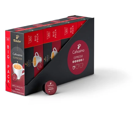 Balení Cafissimo Espresso silné - 120 kapslí v černém obalu s červenými detaily.