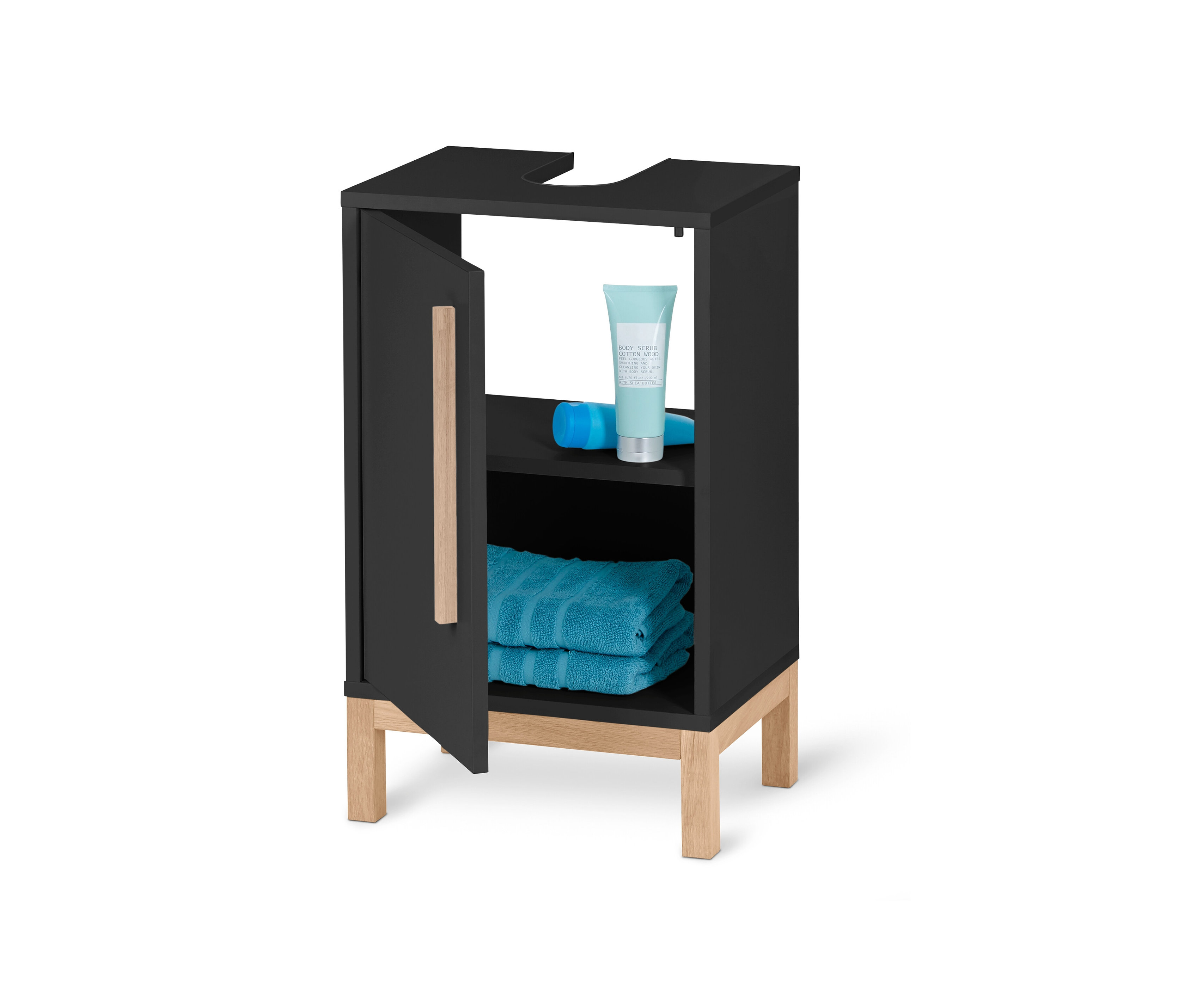 Antracitová malá skříňka pod umyvadlo Eklund s otevřenými dvířky, uvnitř jsou ručníky a kosmetika.