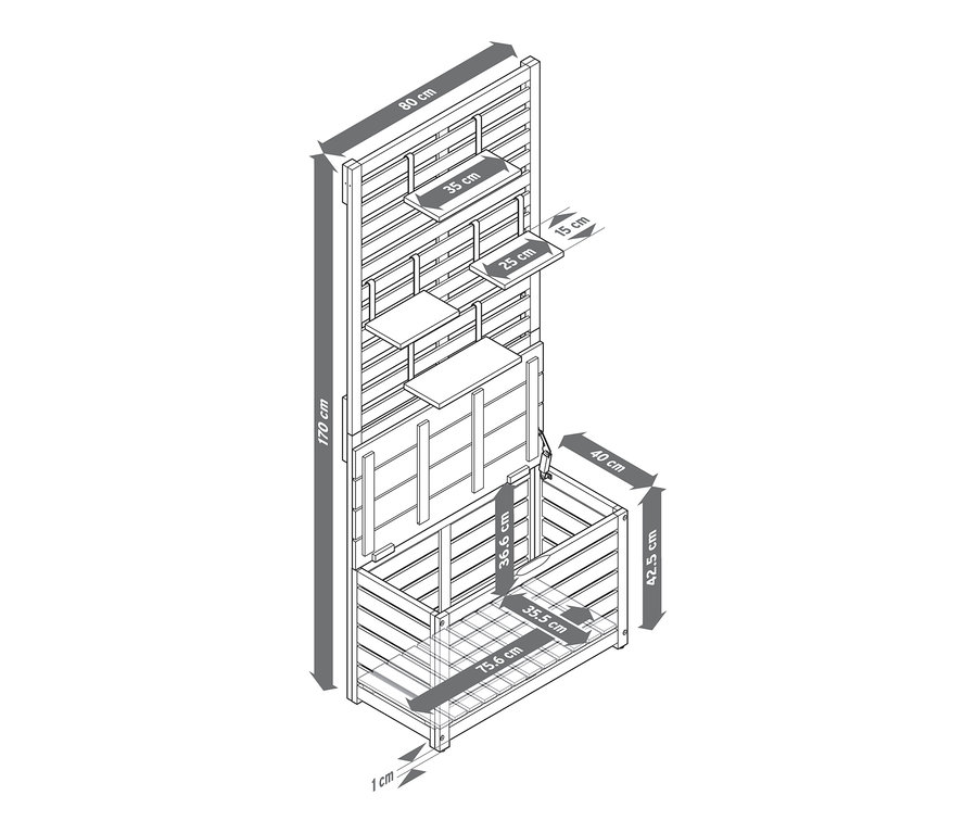 Nákres balkónové zástěny proti zvědavým pohledům s úložným prostorem s rozměry.