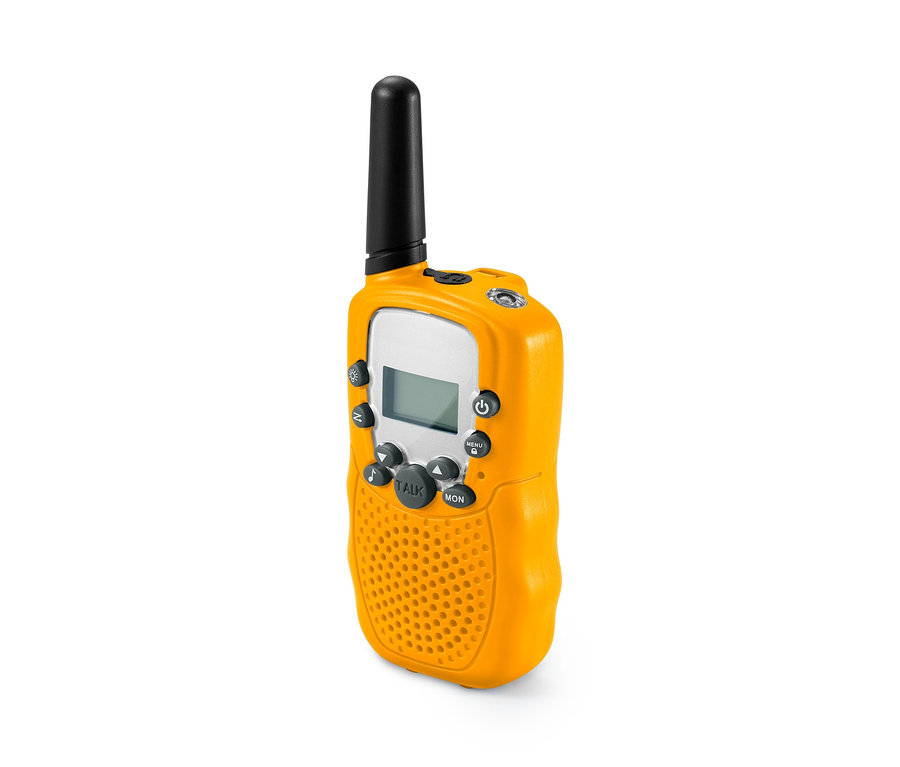 Žlutá dětská vysílačka Walkie Talkie, 2 ks, s černou anténou.