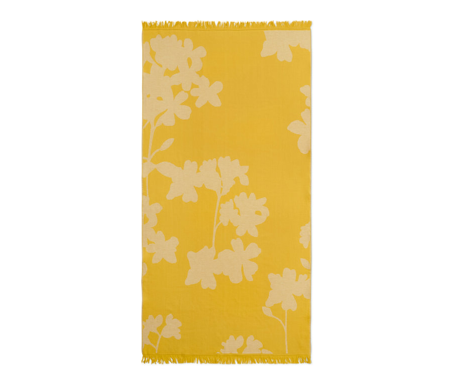 Žlutá osuška hammam XL s krémovými květinovými vzory a třásněmi.