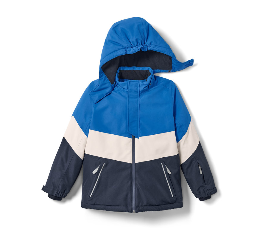 Modro-béžovo-tmavě modrá lyžařská bunda s kapucí.