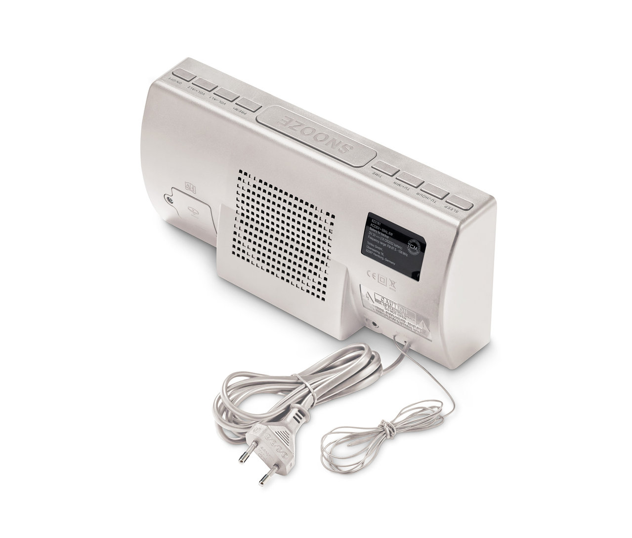 Detail zadní strany stříbrného rádiobudíku XXL s napájecím kabelem.