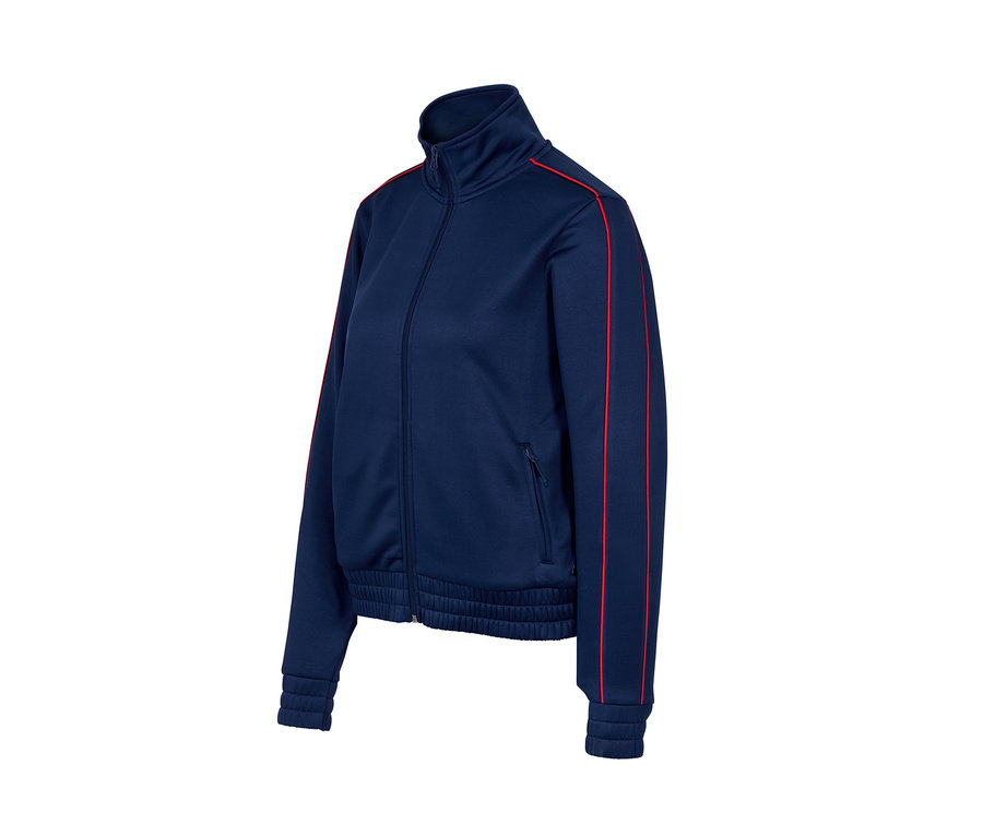 Modrá sportovní bunda se zipem a červenými pruhy.