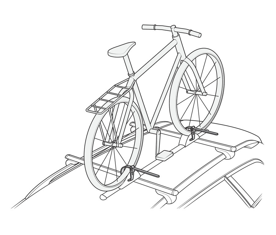 Kolo připevněné k střeše auta pomocí kabelového zámku.
