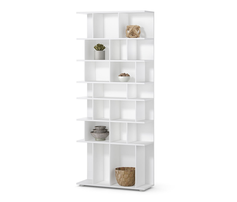 Bílý regál, šířka cca 80 cm, s dekoracemi.