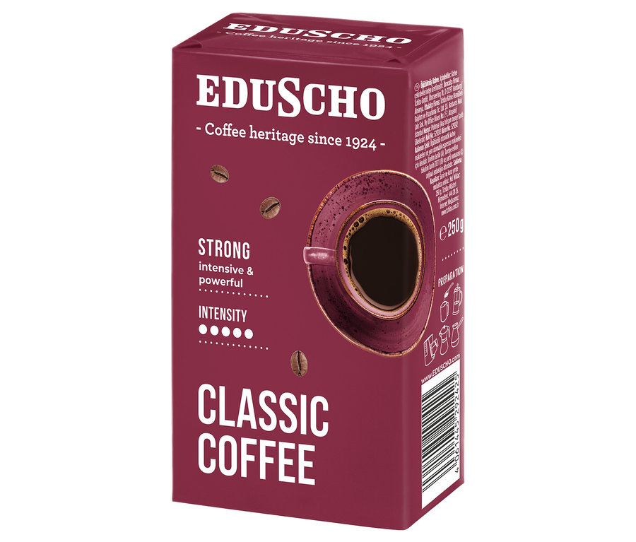 Balení mleté kávy Eduscho Classic Coffee Strong o hmotnosti 250 g.