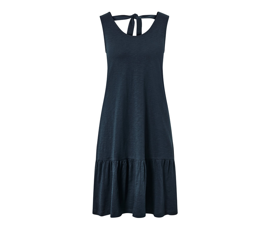 Tmavě modré žerzejové šaty s volánem.