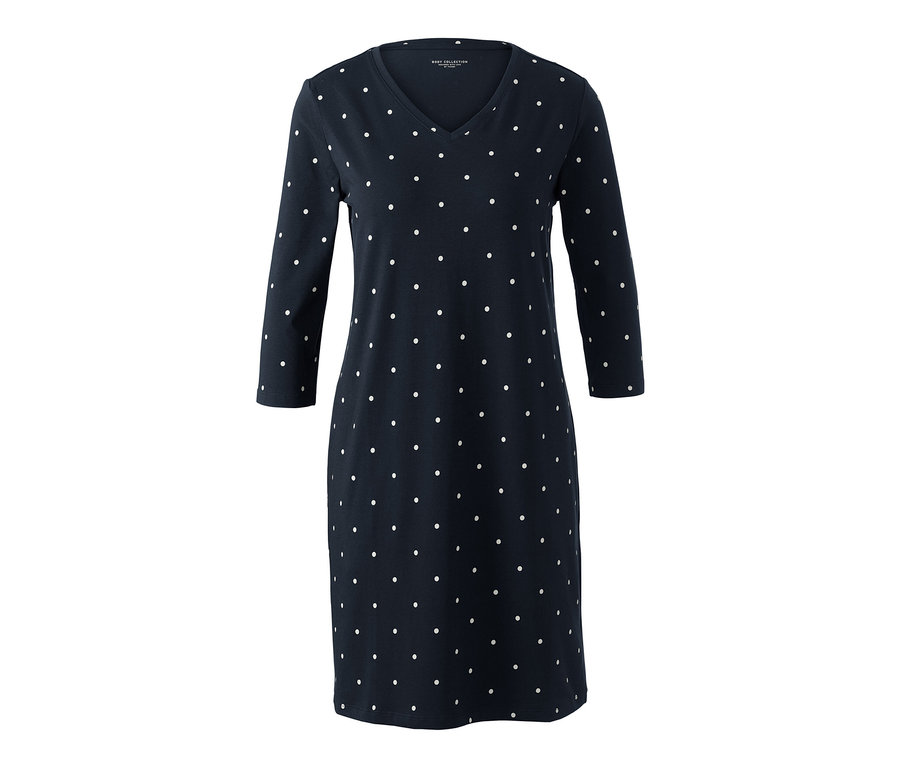 Tmavě modrá noční košile s bílými puntíky a 3/4 rukávy.