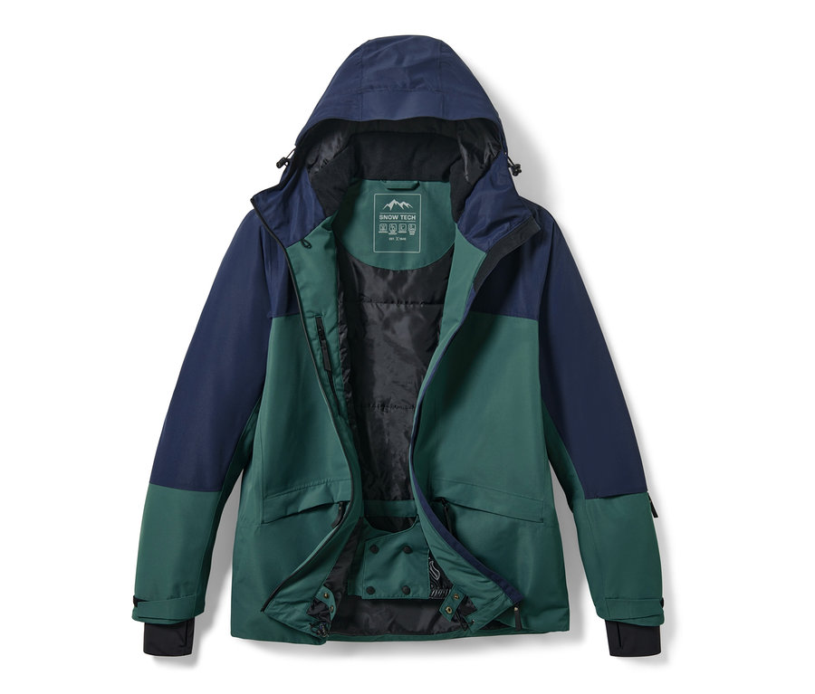 Otevřená lyžařská bunda modrozelené barvy.