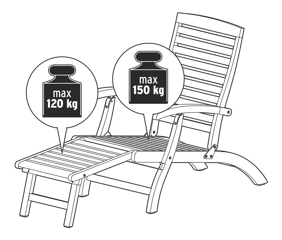 Ilustrace dřevěného lehátka s výsuvnou podnožkou a maximální nosností 150 kg, podnožka má nosnost 120 kg.