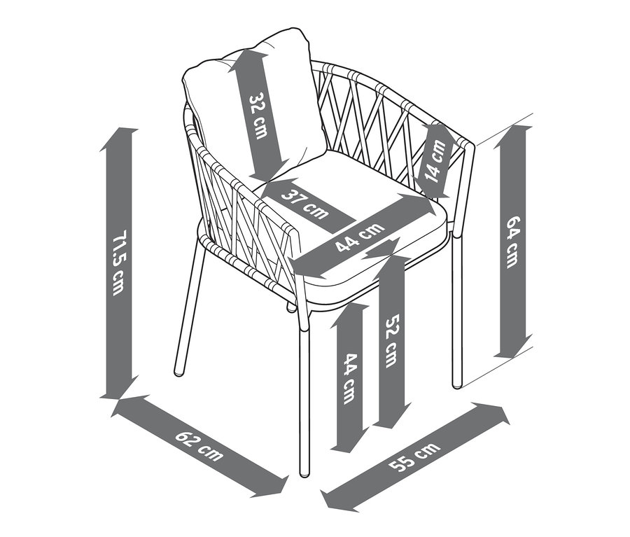 Rozměry jídelního křesla s textilním výpletem (2 ks) jsou zobrazeny pomocí šipek.