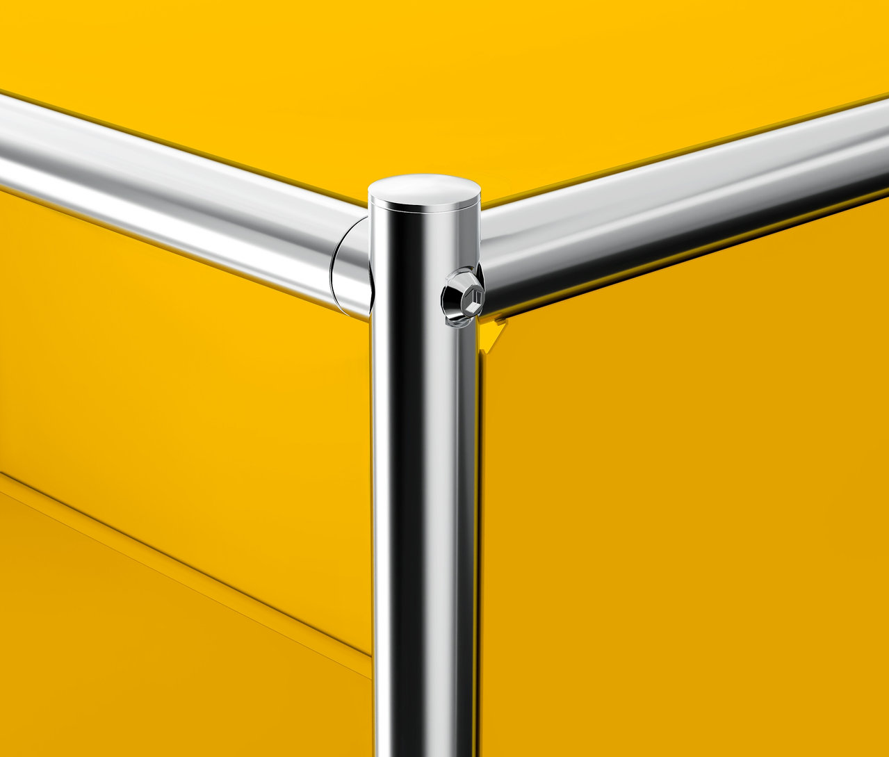 Detailní pohled na kovový kontejner na kolečkách »CN3« se 3 zásuvkami, žluté barvy.