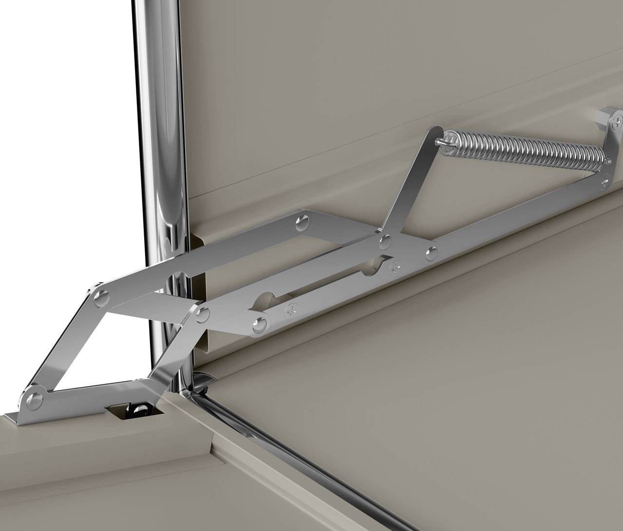 Detail mechanismu výklopných dvířek kovové odkládací skříňky »CN3« světle šedé barvy.