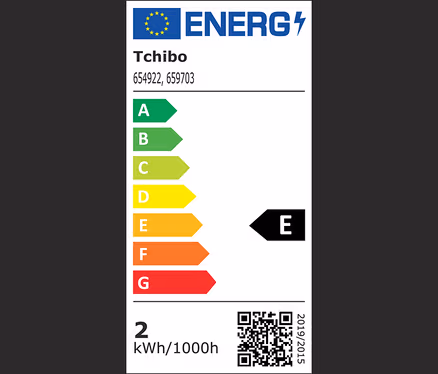 Energetický štítek s třídami A až G, přičemž výrobek je v třídě E.