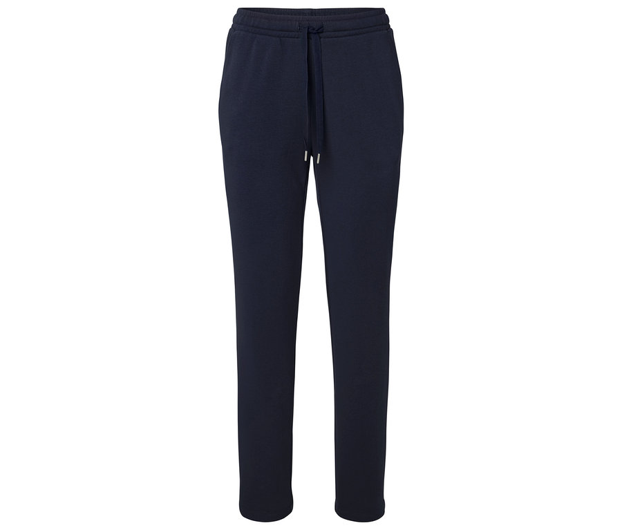 Tmavě modré tepláky se stahovací šňůrkou v pase.