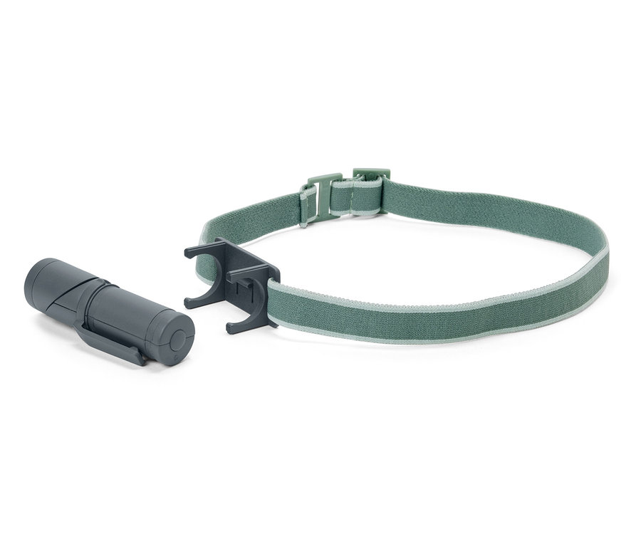 Šedá 2-v-1 LED multifunkční svítilna s elastickým zeleným popruhem.