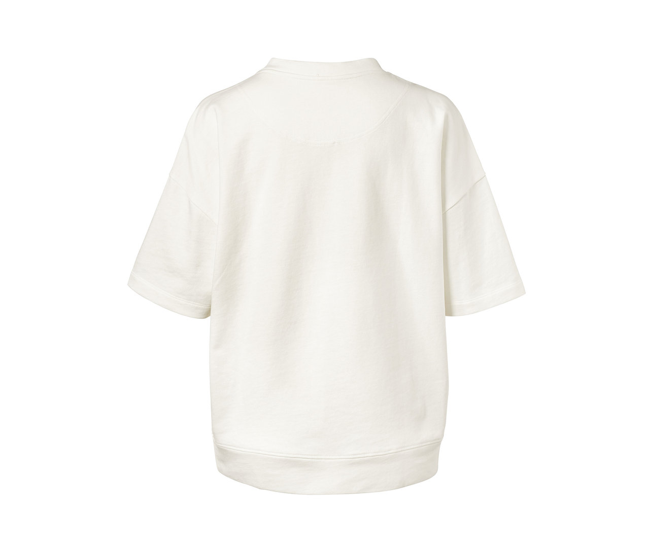 Bílá mikina ve stylu oversize s krátkými rukávy, pohled zezadu.
