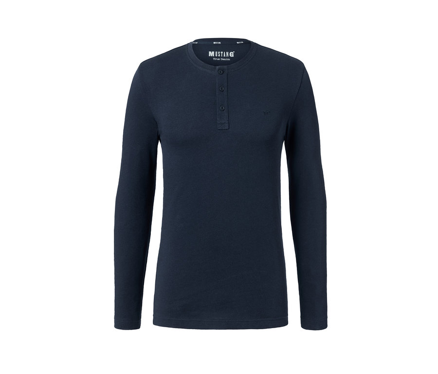 Tmavě modré triko henley »Mustang« s dlouhým rukávem a knoflíky.