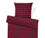 Červené kostkované povlečení s polštářem.