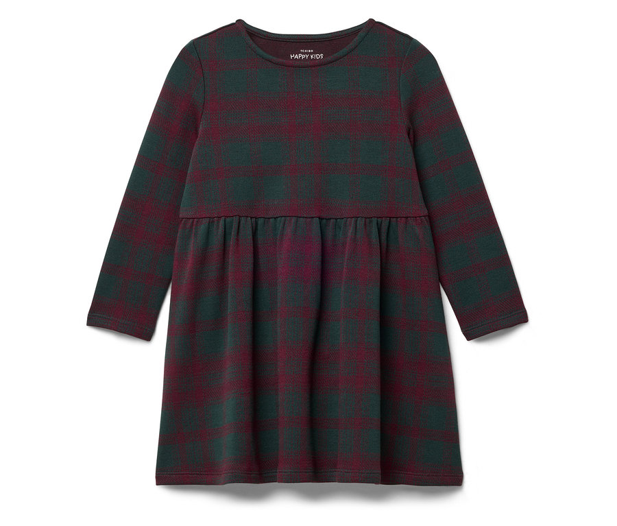 Kostkované šaty s dlouhým rukávem v odstínech zelené a vínové.