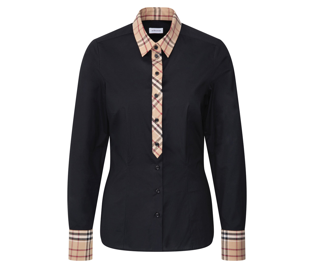 Černá košile s dlouhými rukávy má límec a manžety s kostkovaným vzorem.