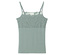Světlý top bez rukávů s krajkovými detaily na výstřihu a nastavitelnými ramínky.