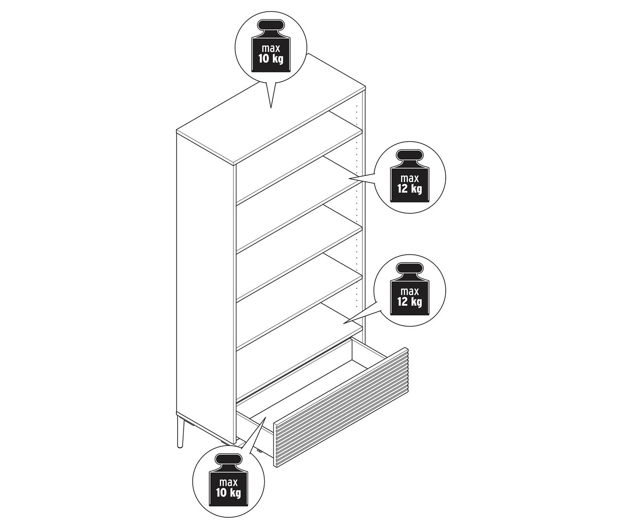 Ilustrace regálu »REET« v lamelovém vzhledu zobrazující otevřenou přihrádku a zásuvku. Zobrazené informace o hmotnosti.