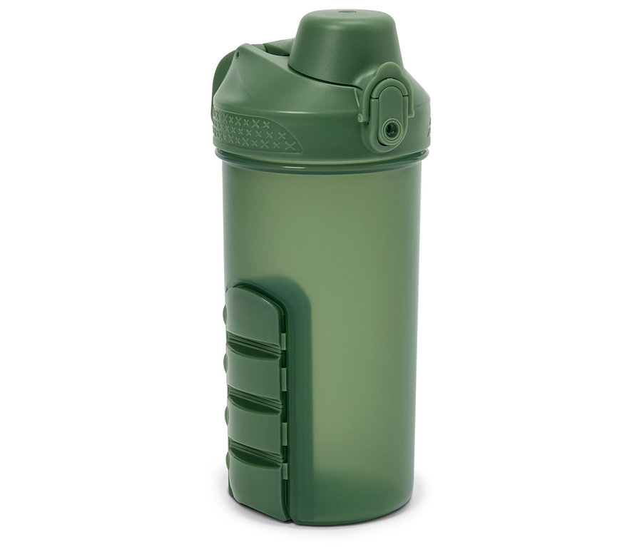 Zelená šejkrová láhev s víčkem a integrovanou přihrádkou na pilulky.