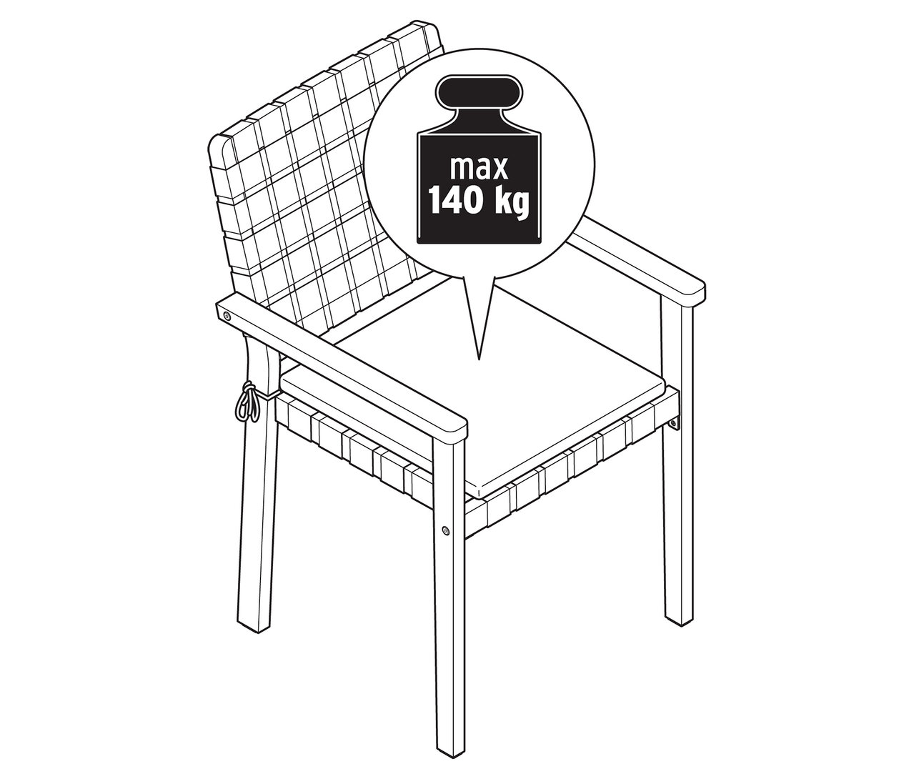 Ilustrace stohovatelné zahradní židle s pásovým výpletem, která unese maximální hmotnost 140 kg.