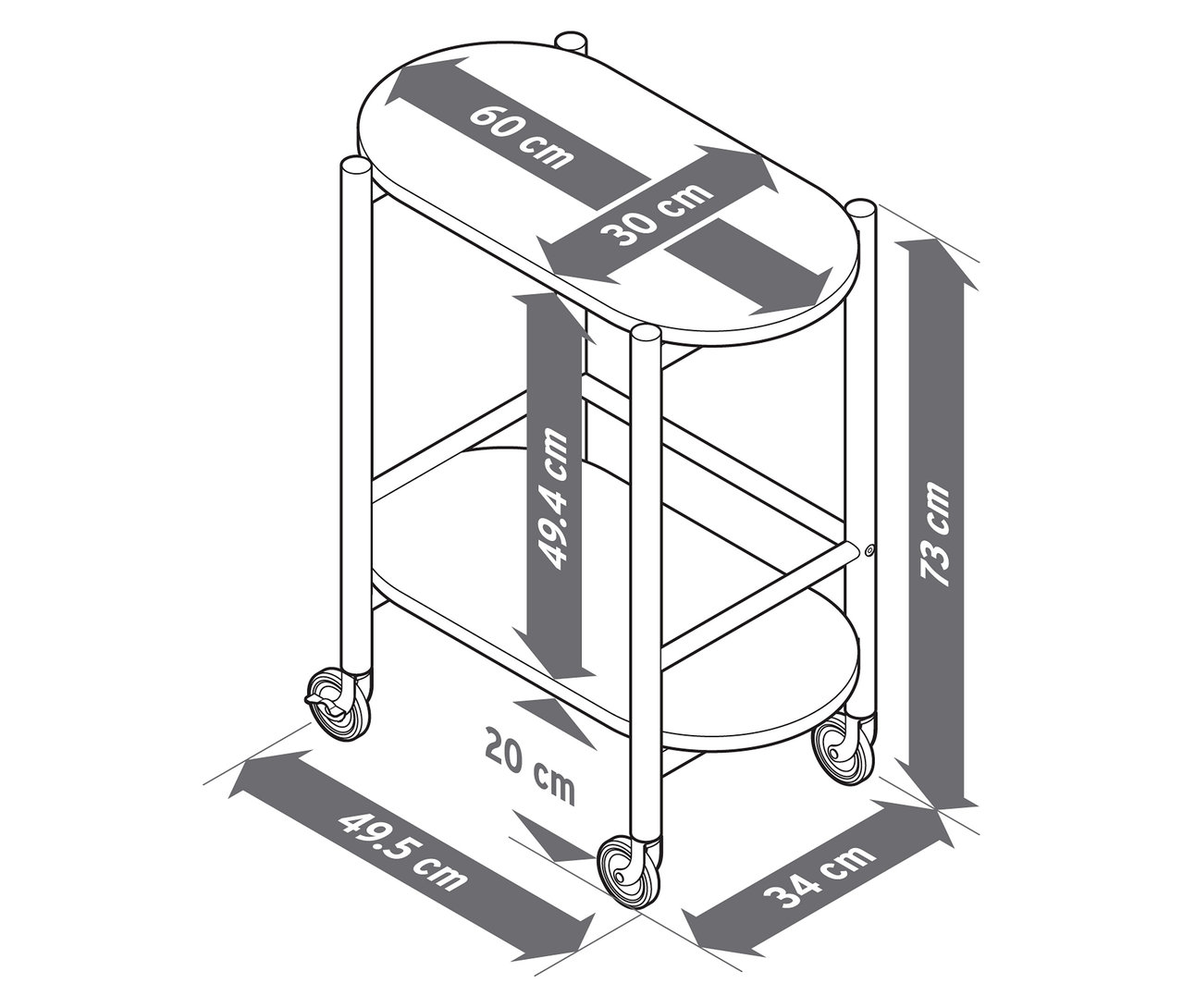 Nákres barového vozíku z masivního dřeva se 2 úrovněmi a rozměry.