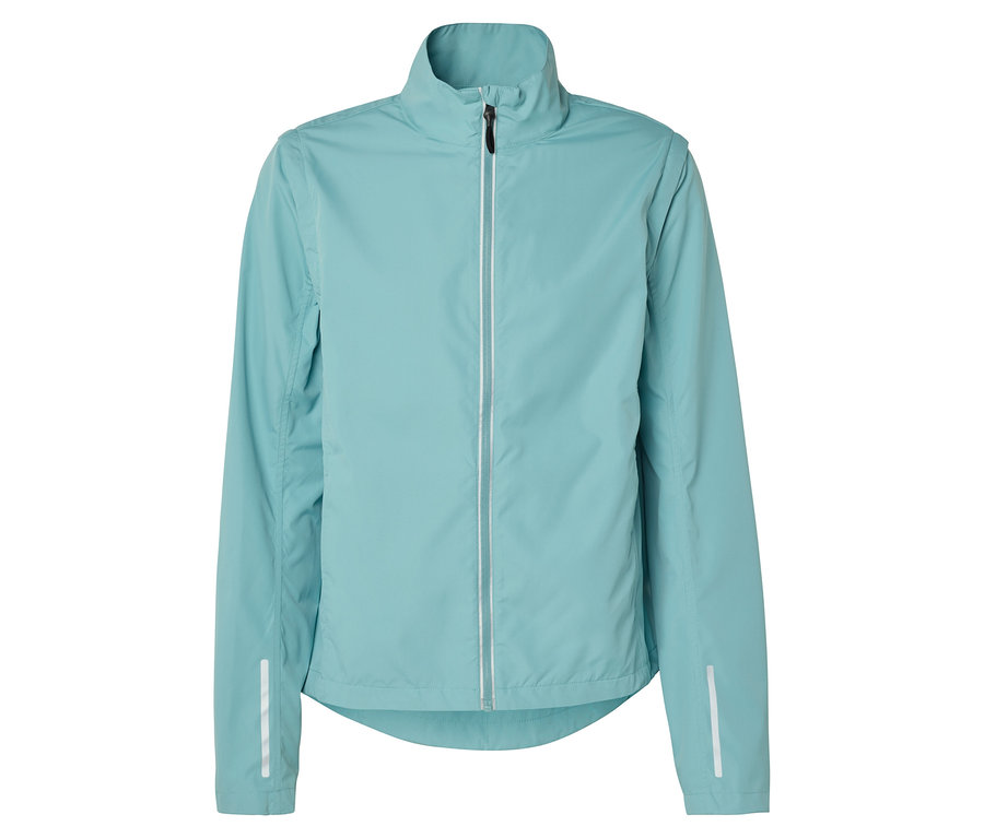 Světle modrá běžecká bunda s dlouhým rukávem a zipem vpředu na bílém pozadí.