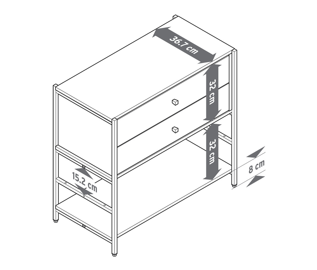 Pohled shora na komodu »GRADE« se 2 zásuvkami a rozměry 36,7 cm šířka, 32 cm výška zásuvek, 15,2 cm výška police a 8 cm výška nohou.