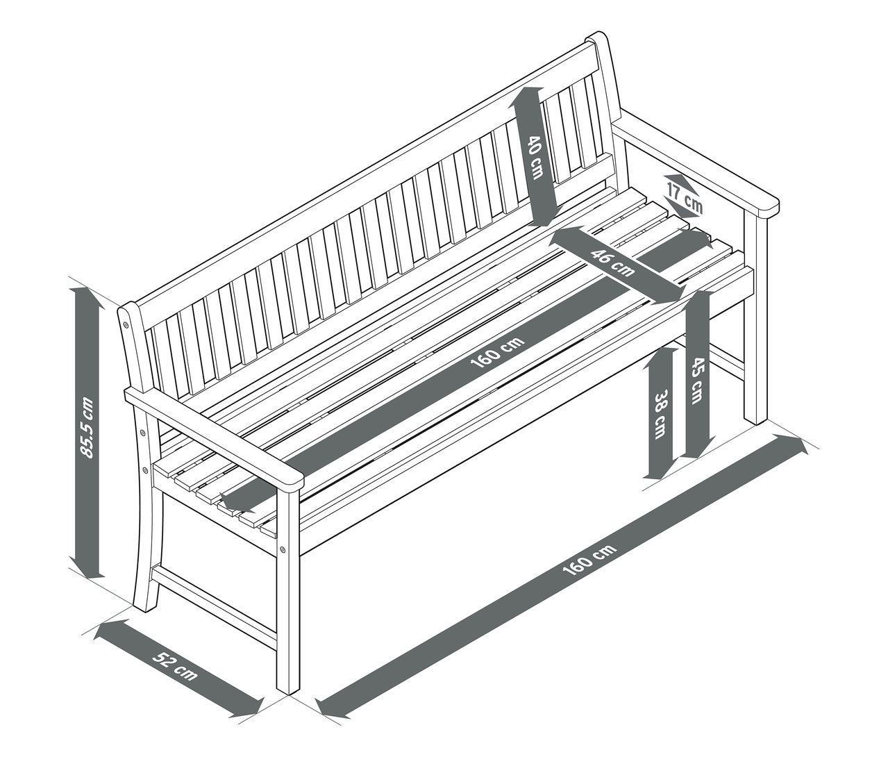 Pohled shora na klasickou teakovou zahradní lavici (cca 160 cm) s rozměry.