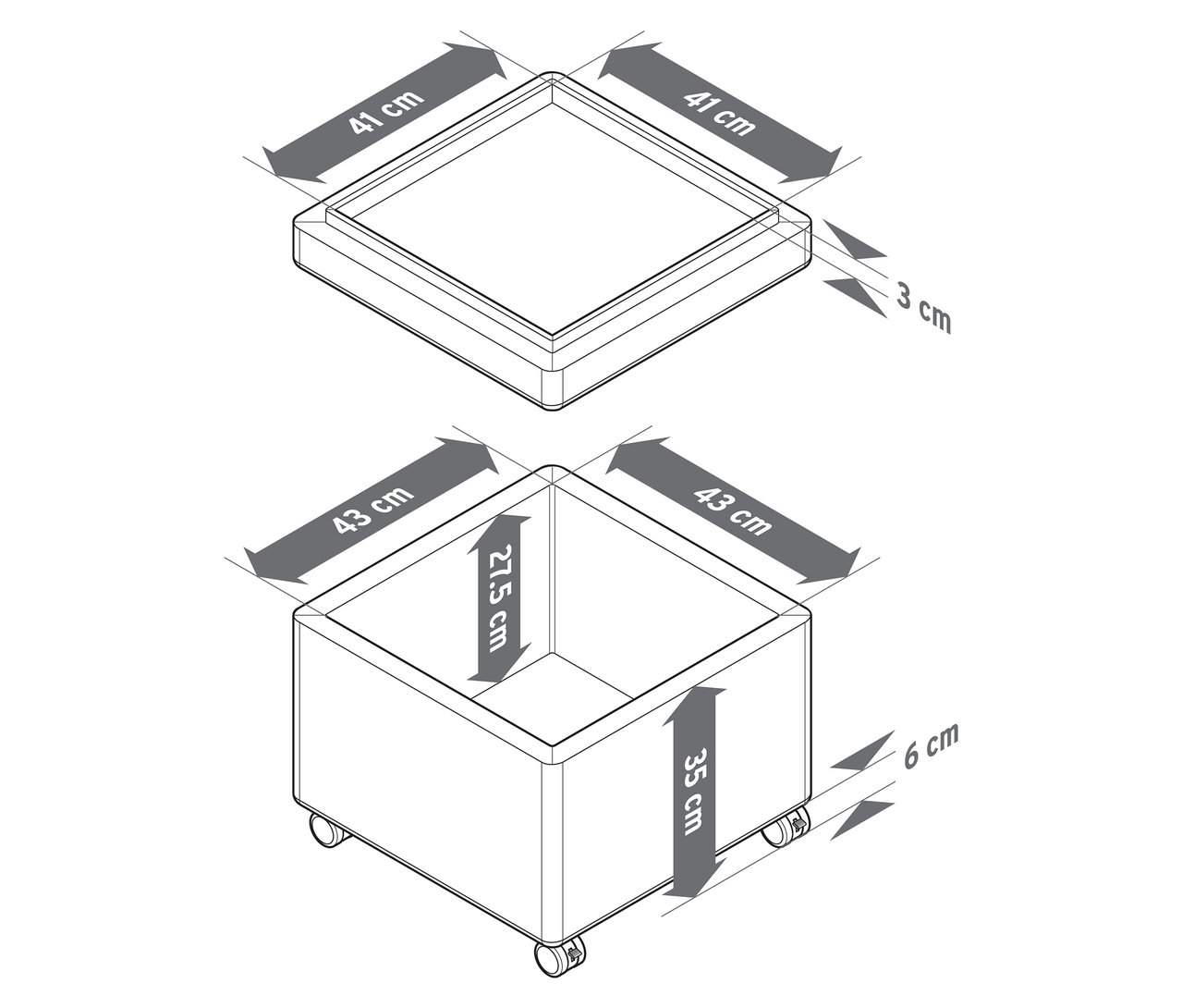 Pohled shora a perspektivní pohled na puf na kolečkách a tácku, každý s rozměry v centimetrech.