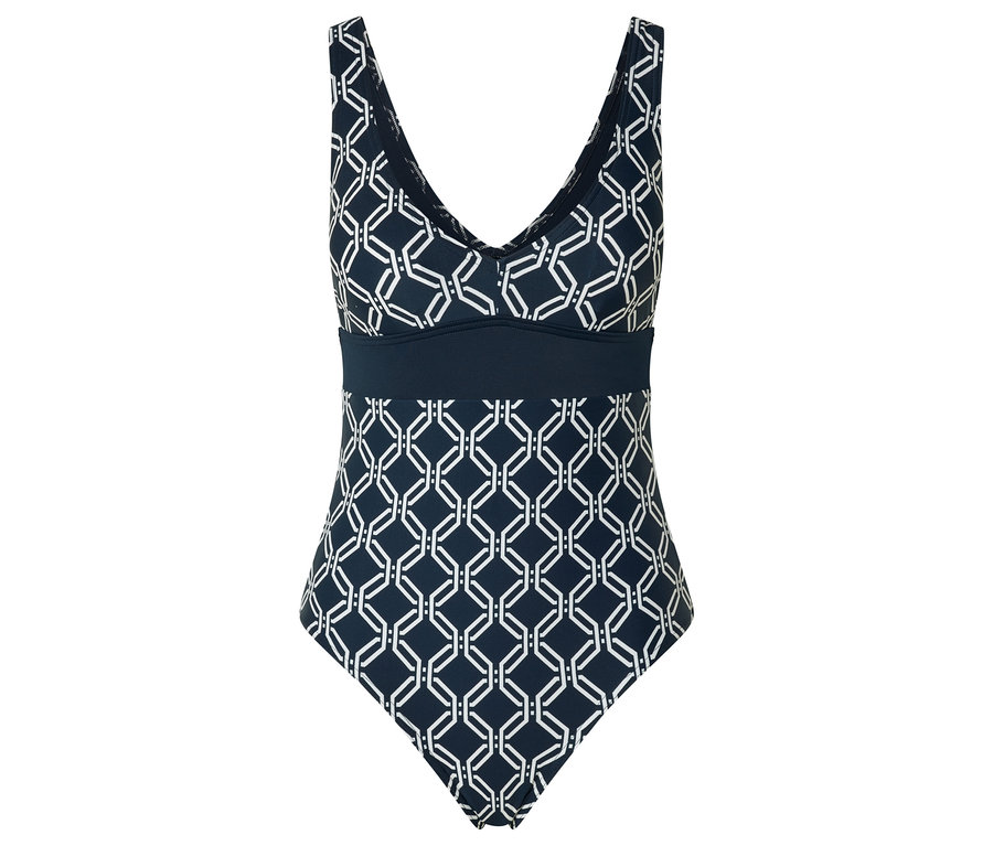 Tmavě modré plavky s geometrickým vzorem.