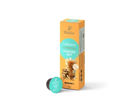Oranžové balení Tchibo Cafissimo Flavoured Espresso – Toasted Nut – 10 kapslí s obrázkem ledové kávy a jedna samostatná kapsle.