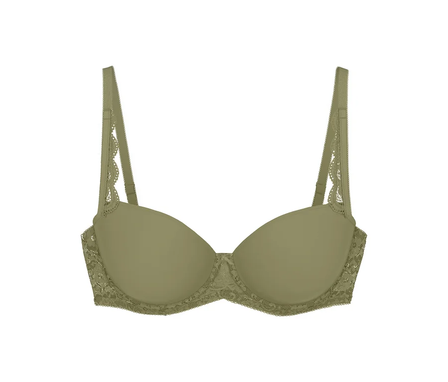 Podprsenka Triumph Amourette WP v barvě olive gold s krajkovými detaily na ramínkách a po stranách.