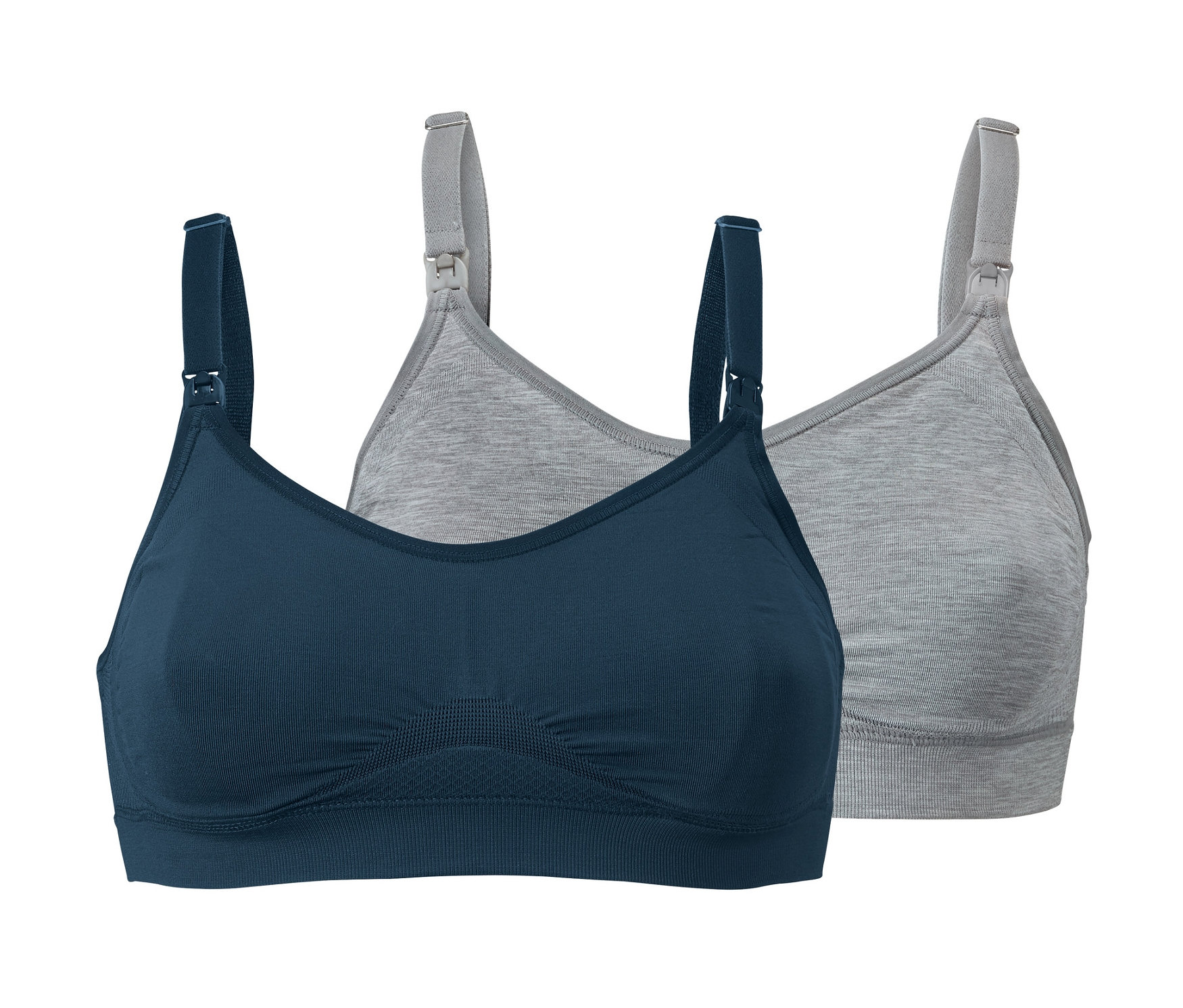 Dvě bezešvé kojicí podprsenky v modré a šedé barvě.