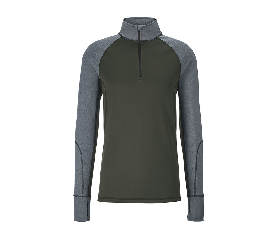 Funkční termotriko v olivové barvě s šedými rukávy.