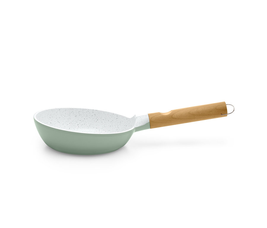 Hliníková pánev s keramickým povrchem, průměr cca 20 cm.