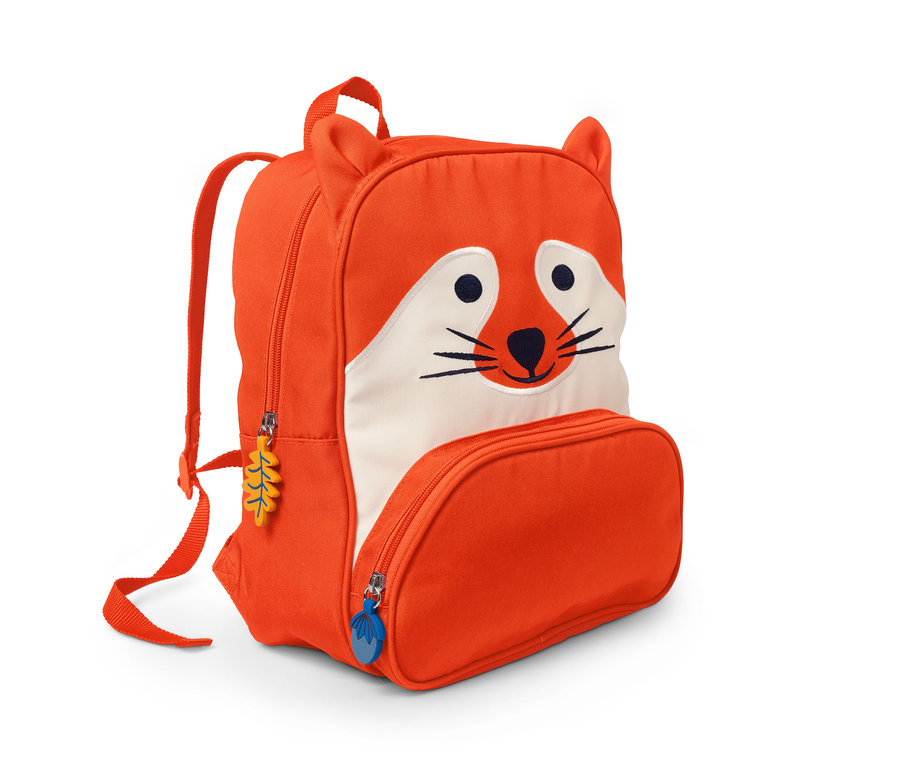 Oranžový batoh ve tvaru lišky s oušky, obličejem lišky a přívěsky na zipu ve tvaru listů.