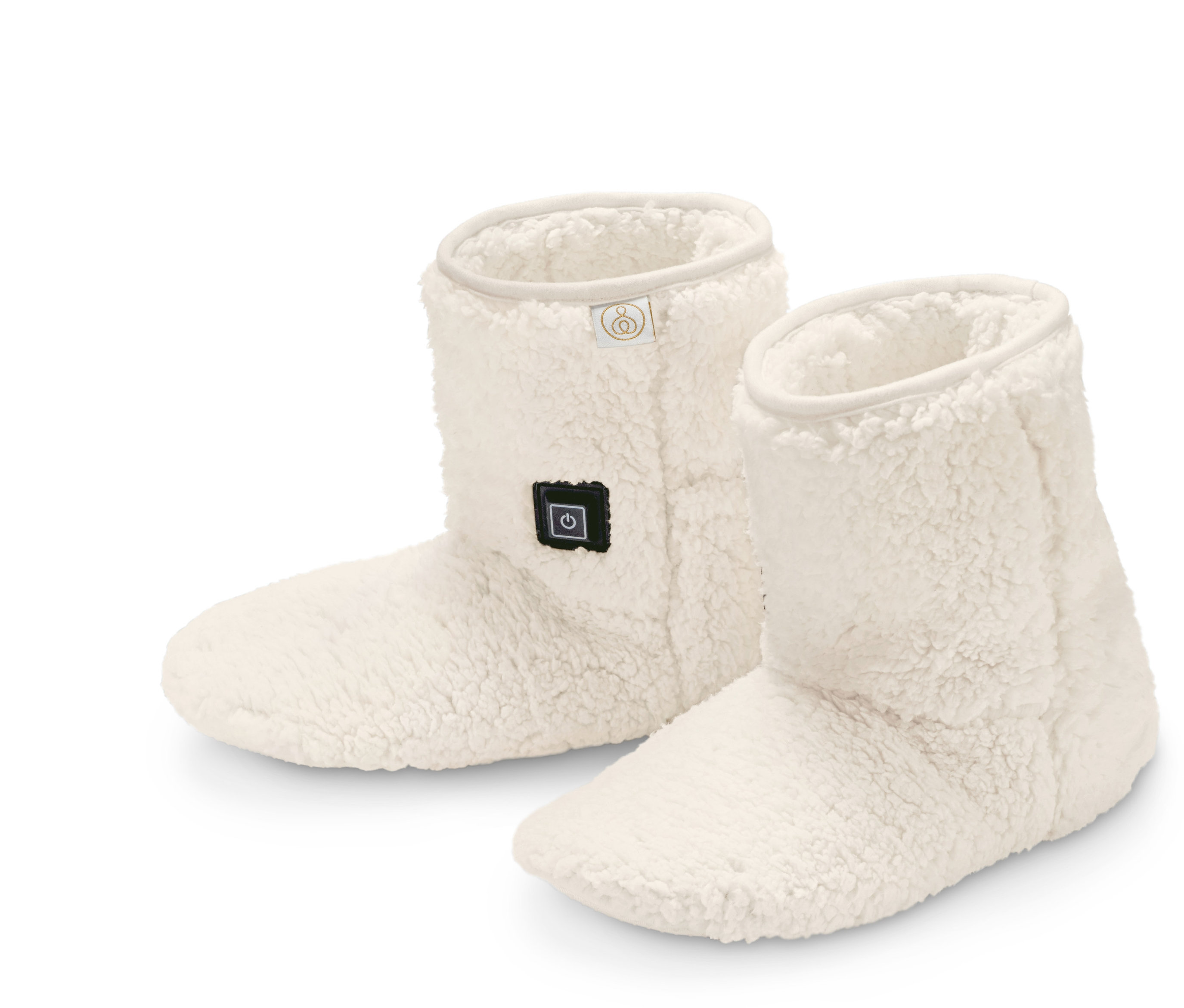 Dva vyhřívané papuče s akumulátorem na bílém pozadí.