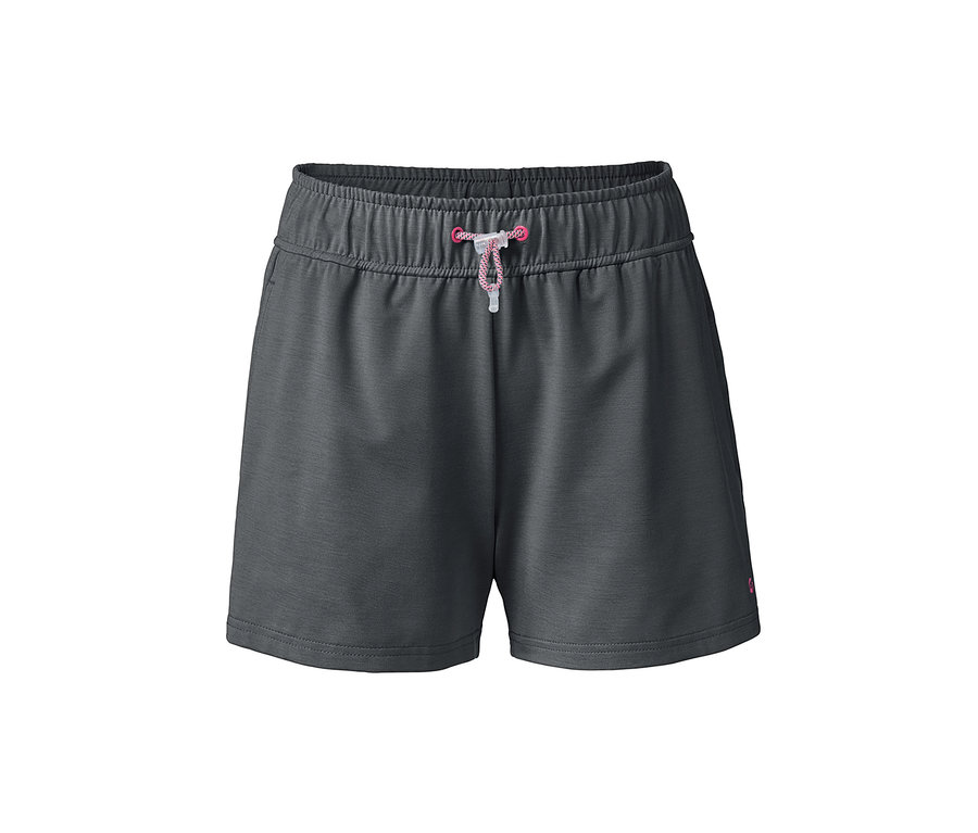 Šedé funkční šortky s růžovou stahovací šňůrkou.