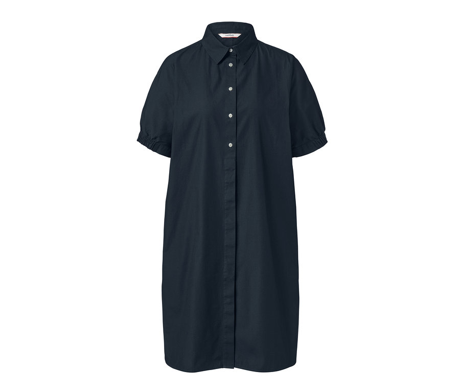 Tmavě modré košilové šaty ve stylu oversized s krátkými rukávy.