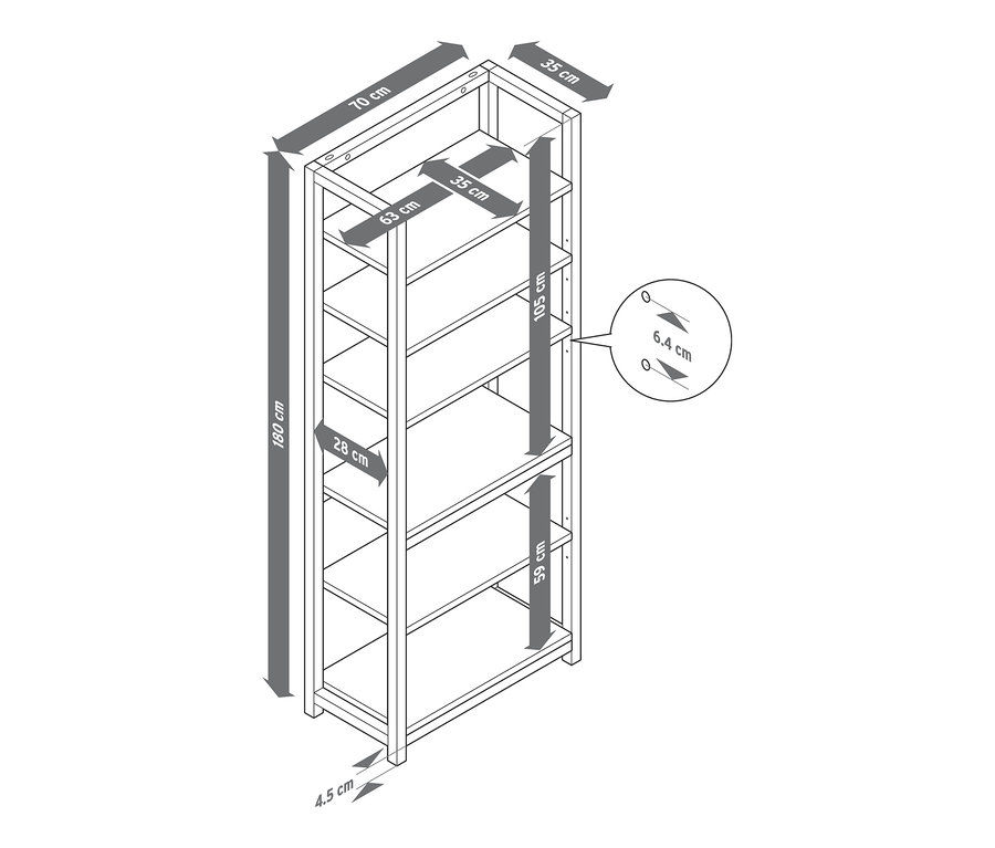 Diagram znázorňuje rozměry knihovny s rámem z jasanu.