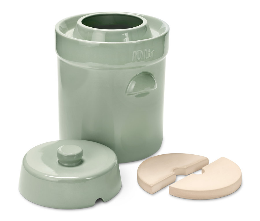 Zelený kameninový hrnec MS na kvašení s víkem a dvěma zátěžovými kameny.