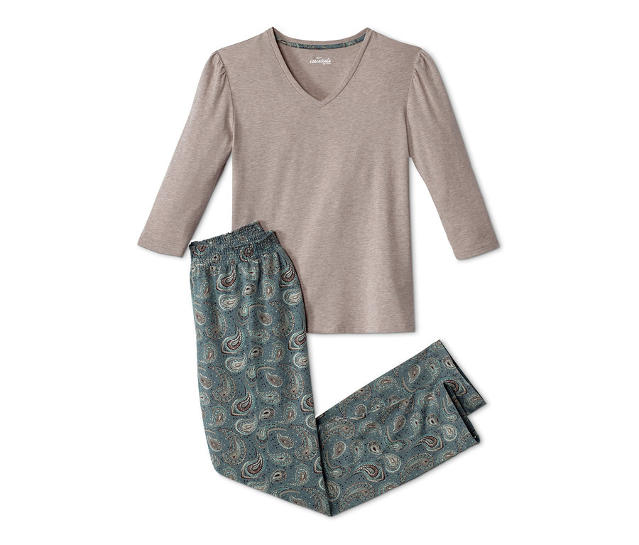 Béžové pyžamo s dlouhým rukávem a kalhotami s potiskem.