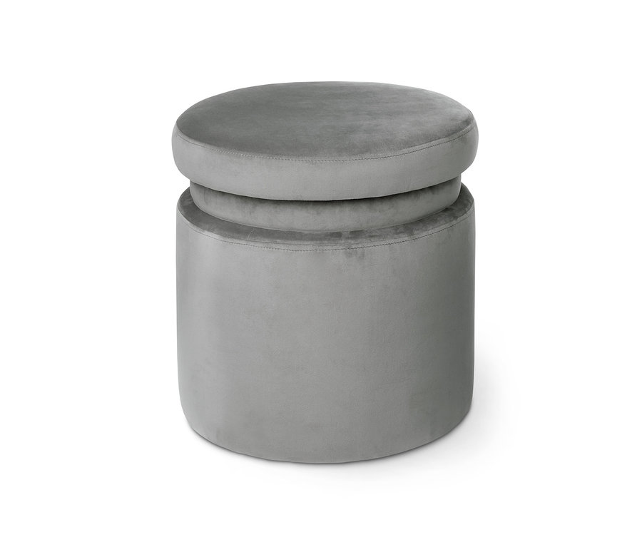 Šedá sametová taburetka s úložným prostorem.